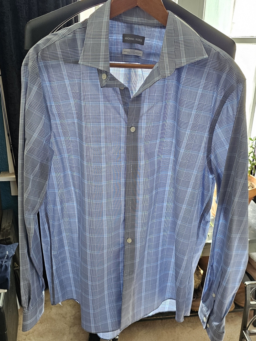 Michael Kors Light Blue and Gray Plaid Men's Dress Shirt